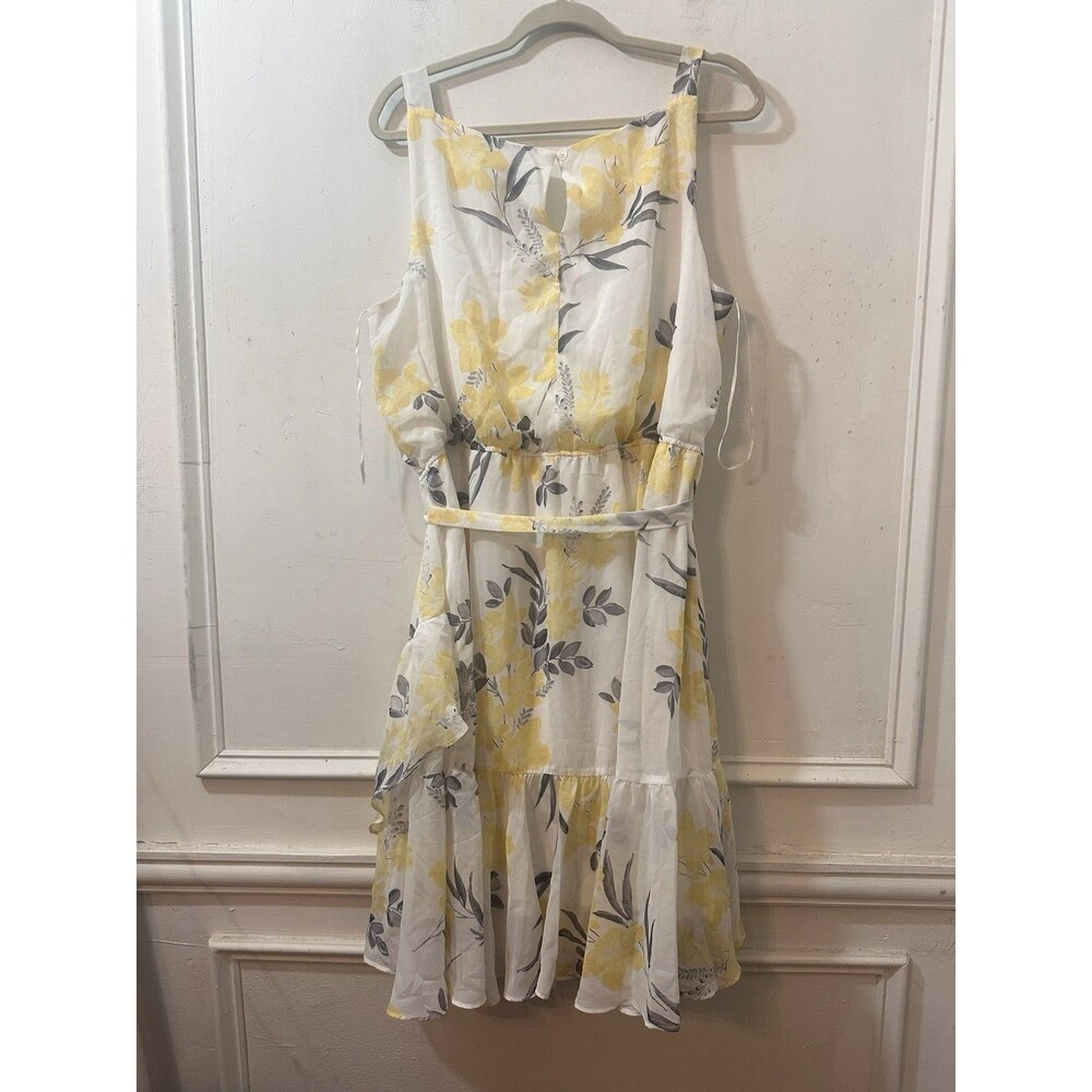 Lane Bryant Size 18 100% Yellow Gray Garden Floral Belted Flounce Ruffle Dress - Picture 12 of 12